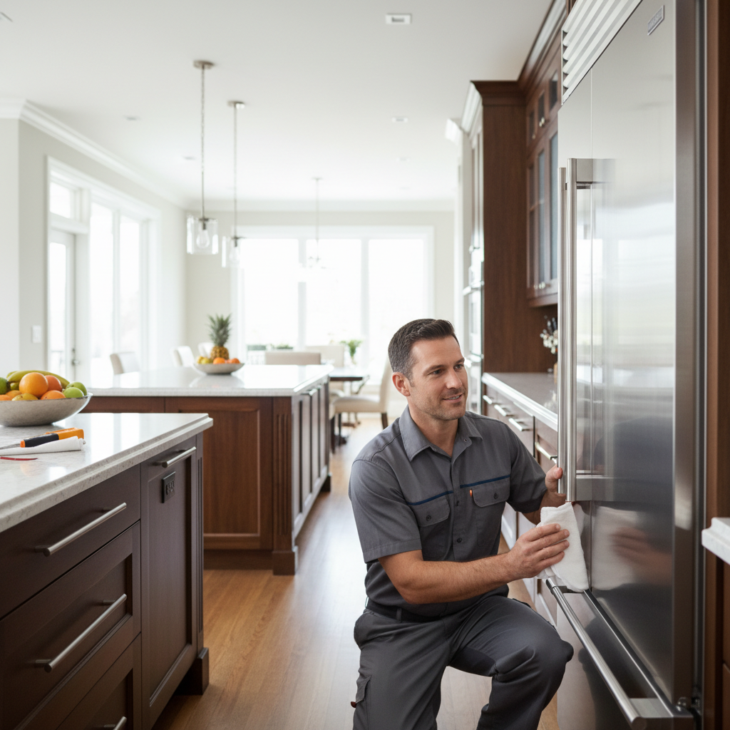 Professional appliance repair technician inspecting a built-in refrigerator
